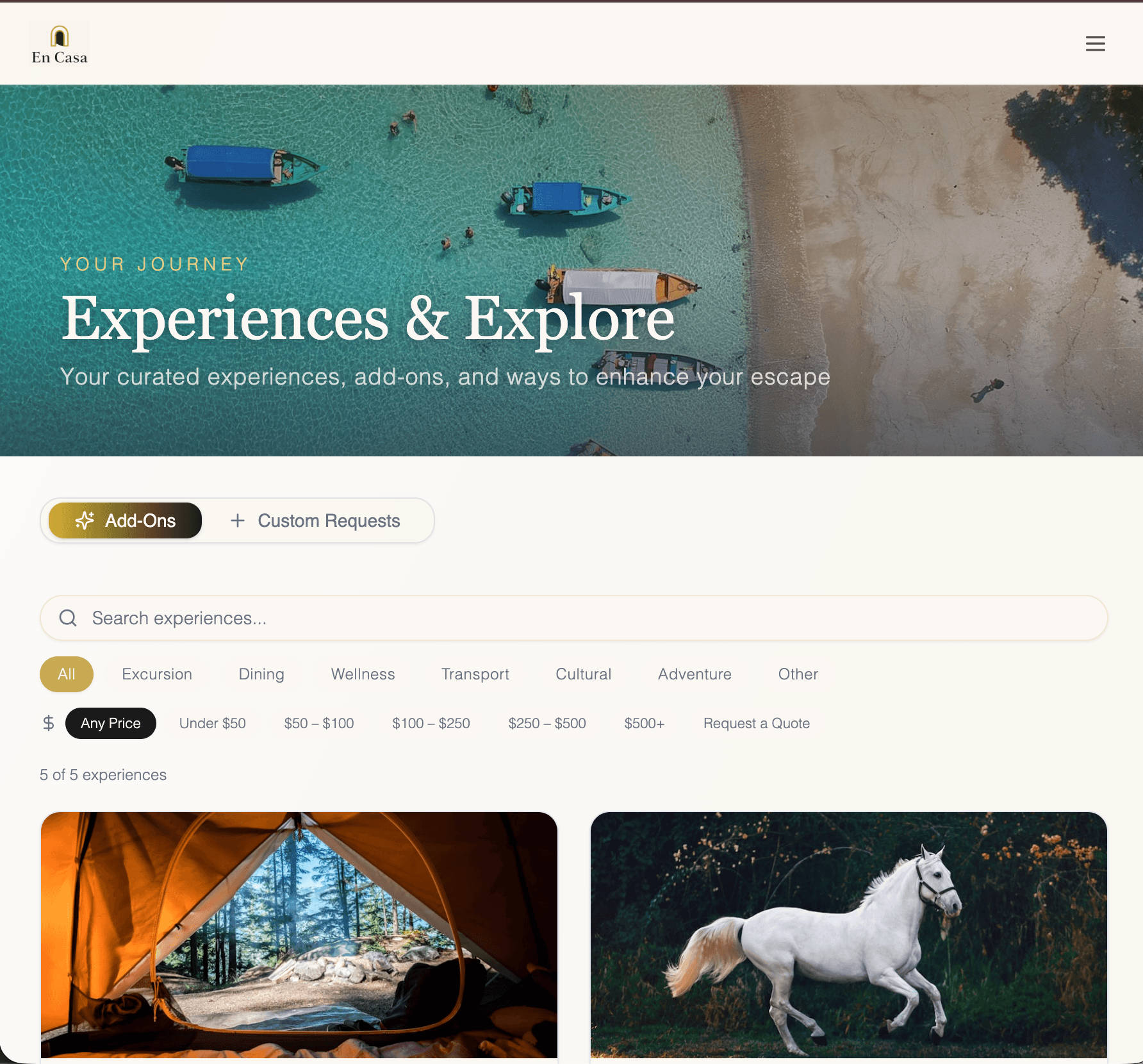 En Casa guest portal — curated local experiences to browse and book