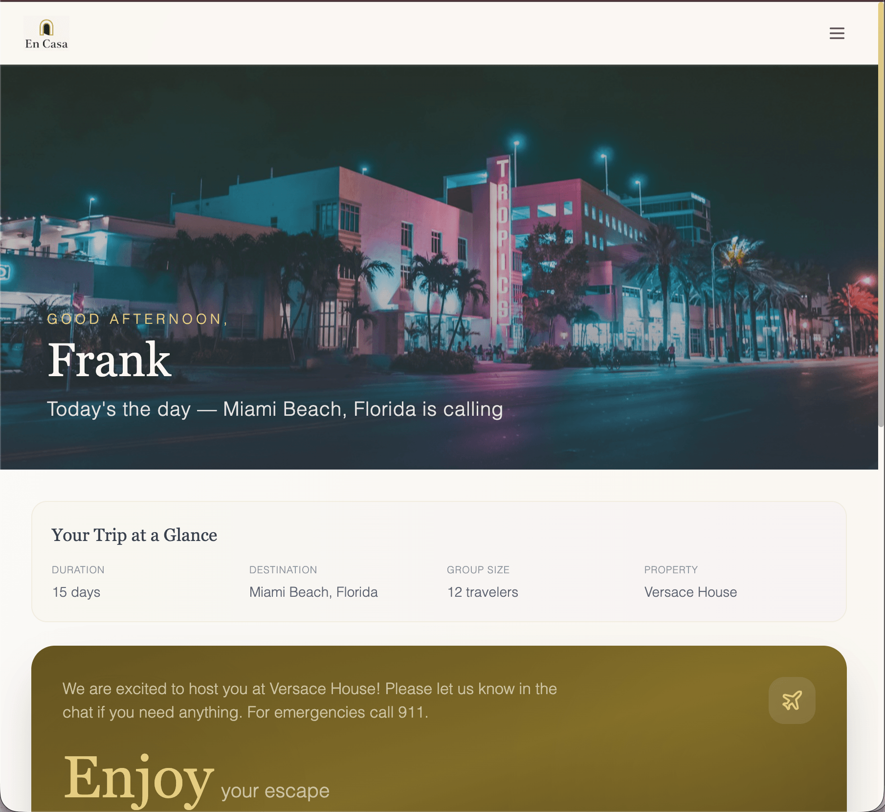 En Casa guest portal — day-by-day itinerary view