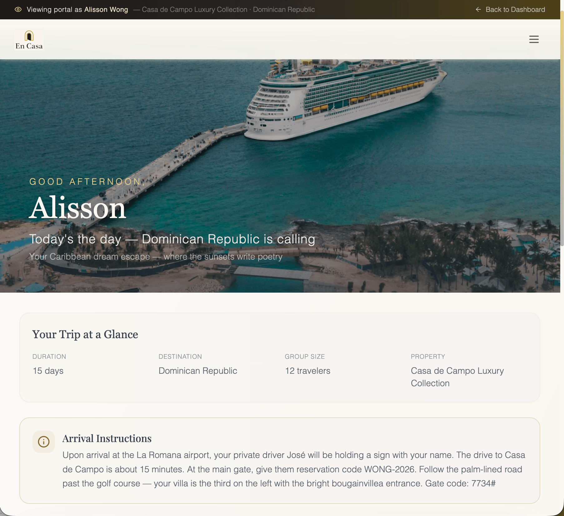 En Casa guest portal — private branded landing page with trip overview