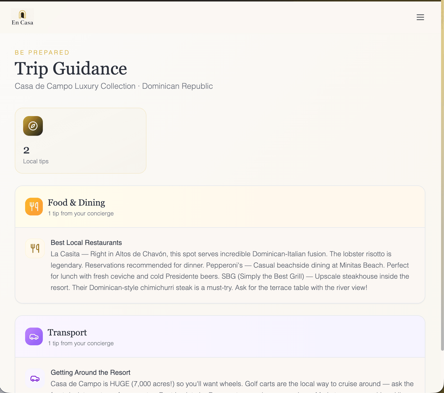 En Casa guest portal — trip guidance and travel details